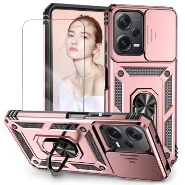 Imagem de Capa para Xiaomi Poco X5 e Redmi Note 12 5G Capinha (Não aplicável 4G) | com 2 peças de protetor de tela temperado com janela deslizante da câmera e suporte para telefone incluídos - Rosa