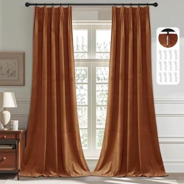 Imagem de StangH Cortinas plissadas de veludo laranja queimado com ganchos, cortinas modernas para quarto com aba traseira, painéis decorativos festivos para armário e sala de jantar, L98 x C90, 2 painéis