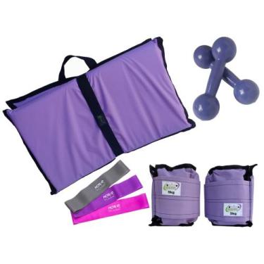 Imagem de Kit Tornozeleira 5KG Nylon Lilás + Halteres 5KG Lilás + Colchonete Dob