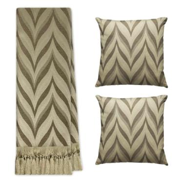 Imagem de Jogo Manta Xale para Sofá Artesanal com Franjas 1,40 x 1,80 com 2 Capas de almofadas (ZIG ZAG 142 BEGE E MARROM)