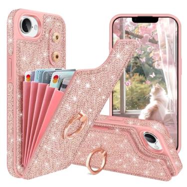 Imagem de Casewind Capa carteira compatível com iPhone 16e, suporte de cartão com glitter 5 e anel de rotação de 360°, capa à prova de choque para mulheres e meninas, capa de couro PU brilhante flip para iPhone