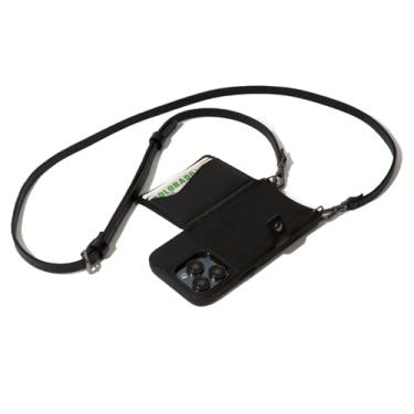 Imagem de Bandolier Mila Capa de celular tipo carteira transversal [compatível com MagSafe] para iPhone 16 Pro Max. 100% couro de seixo genuíno. Alça ajustável e removível. Preto com ferragens de estanho