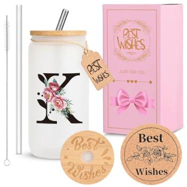 Imagem de Copo de vidro inicial personalizado para mulheres, copo de vidro HWJH de 473 ml com tampas e canudos, conjunto de presente monogramado, copo reutilizável fosco com caixa de presente e porta-copos de