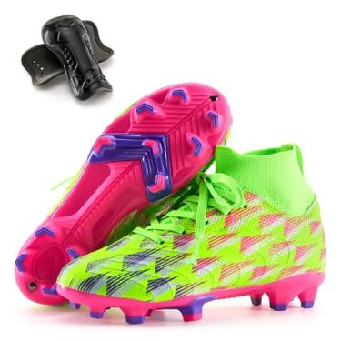 Imagem de PATPAT Chuteiras de futebol infantis, cano alto para uso ao ar livre, firme e gramado, tênis de treinamento de futebol, Verde neon/rosa choque, 11 Little Kid