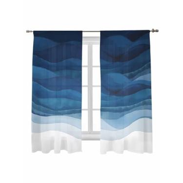 Imagem de Cortinas semitransparentes de 160 cm de comprimento, arte abstrata, azul marinho, gradiente, ondas oceânicas, tratamentos de janela, cortinas com filtro de luz, para sala de estar, quarto, 2 painéis
