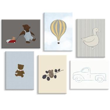 Imagem de Arte de parede para quarto de bebê, decoração de parede vintage para quarto de bebê, estampa vintage, urso de pelúcia, menino, arte de parede infantil, imagens de caminhão azul, pintura de balão de ar