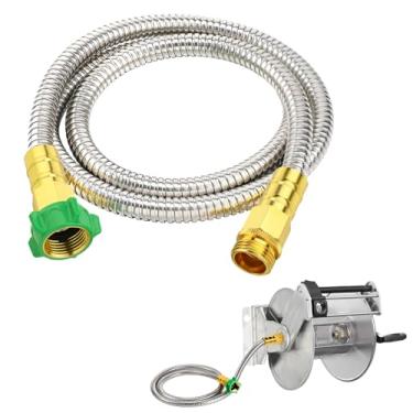 Imagem de Mangueira de jardim curta com conector macho para fêmea - Mangueira de metal à prova de vazamento de 1,5 m para carretel, tubo de água flexível de aço inoxidável 304 resistente para irrigação de