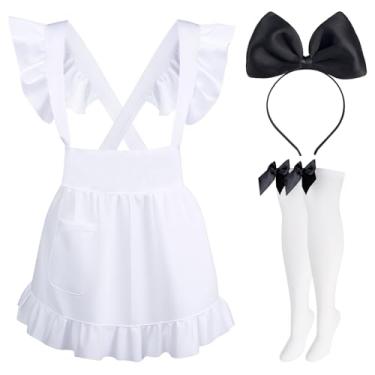 Imagem de Kyson Conjunto de 3 peças de avental branco ajustável com babados e laço na coxa para festa temática de Halloween (preto)