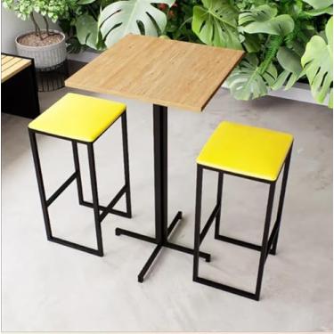 Imagem de Conjunto Mesa Alta Bar Bistrô Quadrada Pinus 2 Bancos Estofado Industrial Black (Amarelo)
