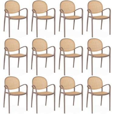 Imagem de Kit 12 Cadeiras de Jantar Roma Com Braço para Sala e Cozinha - Marrom Claro