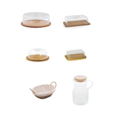 Imagem de Kit Bambu 6 Itens - Jarra + Cesta Pães + Porta Frios + Boleira + Queij