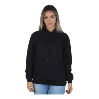 Imagem de Moletom Liso Feminino Flanelado Blusa De Frio Canguru - Hs, Preto, G