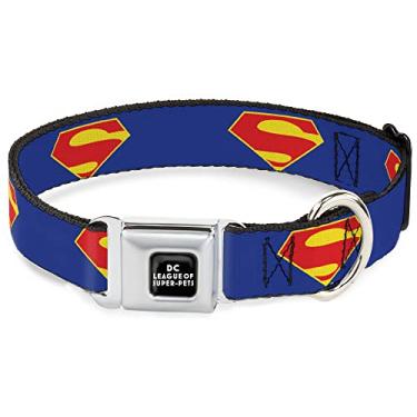 Imagem de Coleira de cachorro fivela de cinto de segurança DC League of Super Pets Superman Shield logotipo azul vermelho amarelo 40,6 a 58 centímetros 3,8 cm de largura
