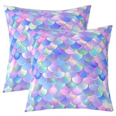 Imagem de jejeloiu Conjunto de 2 capas de almofada de escamas de sereia, 55 x 55 cm, rosa e azul, decoração macia do oceano, fronha princesa menina, interior e exterior para sofá, poltrona (sem glitter)