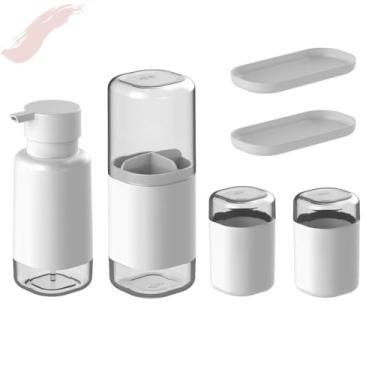 Imagem de Conjunto Lavabo Banheiro Completo 6 Peças Com Porta Escovas Porta Sabonete Líquido Porta Algodão Porta Cotonete e 2 Bandejas Organizadoras Cor Branco