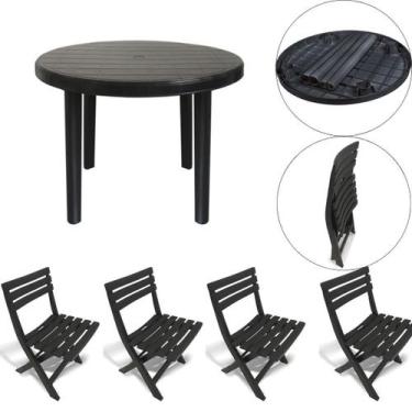 Imagem de 4 Cadeira 1 Mesa Redonda Área Lazer Preta Desmontável 25389 - Arqplast