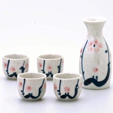 Imagem de JapanBargain 4978, Conjunto de saquê de ameixa de porcelana japonesa para servir saquê quente e saquê frio, feito no Japão, branco, 142 g