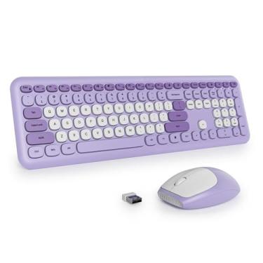 Imagem de surmen Teclado e mouse roxo sem fio, lindo teclado de máquina de escrever sem fio, teclado silencioso fino de tamanho completo, teclas redondas, teclado estético para casa e escritório (colorido roxo)