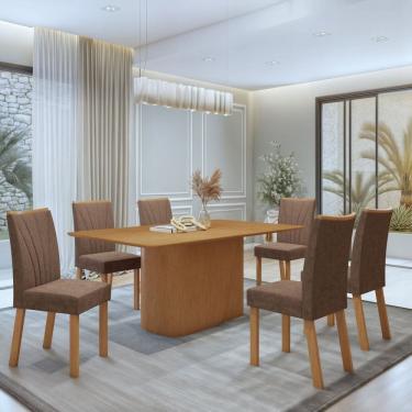 Imagem de Conjunto Sala de Jantar Luar 170Cm Tampo No Glass com 6 Cadeiras Apogeu Amêndoa Clean/Couro Morano Avelâ