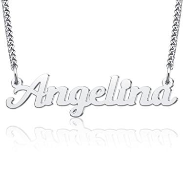 Imagem de LuxglitterLin Colar com nome personalizado, corrente de elos cubanos, de aço inoxidável, para mulheres e homens, Metal, cristal sintético