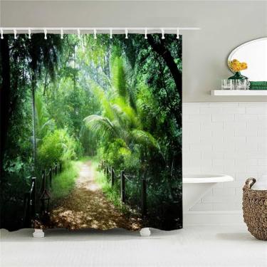 Imagem de Cortina de chuveiro com estampa de paisagem de floresta de sol Cortinas de banheiro Cortina de decoração de poliéster para casa com cortina de gancho 72x72 polegadas, JK6554, L210xA180 cm