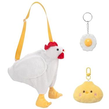 Imagem de LJCTULY Bolsa de galinha - linda bolsa feminina - bolsa de pelúcia de frango bolsa transversal infantil - 2 chaveiros fofos