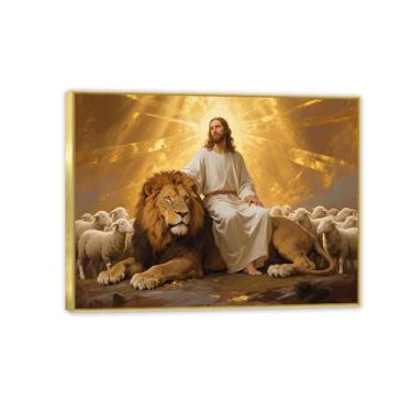 Imagem de Arte de parede de leão cristão leão de Judá tela de cordeiro decoração de parede quadros religiosos pintura arte para igreja sala de estar quarto 65 x 50 cm (26 x 19 pol) moldura dourada