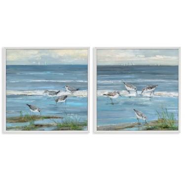 Imagem de Stupell Industries Beach Shore with Sandpipers & Grasses - Conjunto de arte giclée emoldurado branco de 2 peças por Sally Swatland, 61 x 61 cm