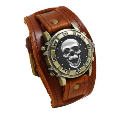 Imagem de JewelryWe Relógio masculino estilo hip-hop gótico punk preto marrom relógio de pulso de couro largo para Halloween, Caveira prateada - marrom, relógio de pulso