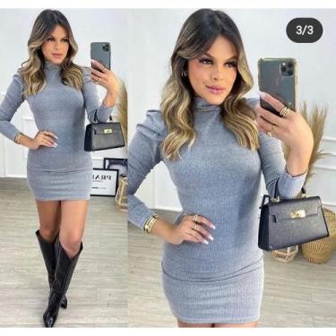 Imagem de Vestido feminino manga longa bufante canelado gola alta curto - Filó M
