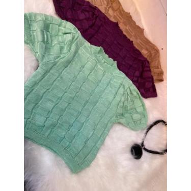 Imagem de Blusa cropped feminino tricô fio rayon manga curta bufante - moda filo