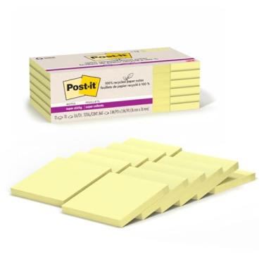 Imagem de Post-it Notas super adesivas 100% de papel reciclado, 2x o poder de colagem, 7,6 x 7,6 cm, 12 blocos/pacote, 70 folhas/bloco, amarelo canário (654R-12SSCY)