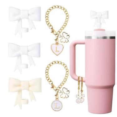 Imagem de LUHOHI Arco para Stanley Straw Topper - 3 peças capa de silicone com laço fofo de 10 mm com 2 peças de pingentes de letra inicial nome ID acessórios personalizados copo de garrafa de água de 40/850.5