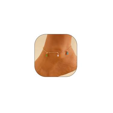 Imagem de RTY Tornozeleira de ouro para mulheres, banhado a ouro 18 K, impermeável, pingente de strass colorido, joia no tornozelo, acessórios de verão descalço