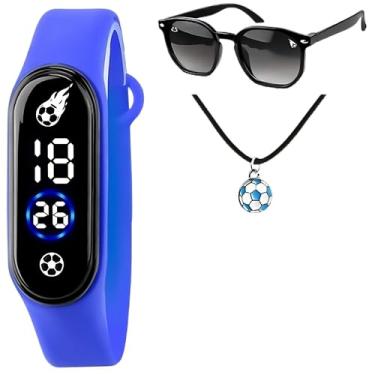 Imagem de Relógio Infantil Digital + Caixa Original + Óculos Sol Prova D'Água Led Azul Futebol Silicone Menino Qualidade Premium Temático