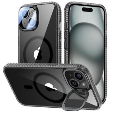 Imagem de [Atualizado] Capa VOFATA para iPhone 15 com suporte de capa de câmera [apto para MagSafe] [Protetor de lente de câmera 9H] Capa de celular magnética transparente com proteção Mil-Grade para iPhone 15