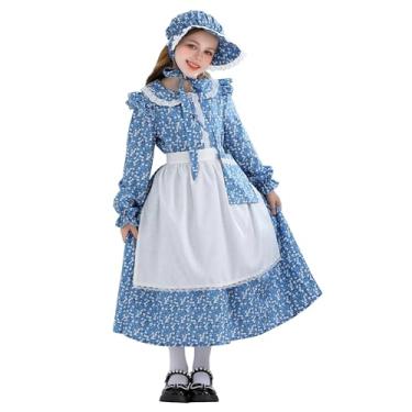 Imagem de Happy Cherry Conjunto de vestidos florais pioneiros colonial 1800 vestido renascentista 3 peças/4 peças 3-15 anos, 4 peças, azul, 7-8 Years