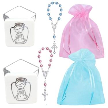 Imagem de Conjunto Mimo 12 Mini Terço com Pérola + 12 Caixa Acrílica com Anjo + 12 Organza ✝️ Kit Religioso para Lembrancinha Batizado, Comunhão, Nascimento | Feito no Brasil  (Chá Revelação: Azul e Rosa)