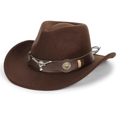 Imagem de Chapéu de cowboy de feltro Western Outback para mulheres, vaqueiras, chapéu Fedora Gus, rodeio, 56 a 57,8 cm, adequado para M/G, Brown-s2 Brown Bull Strap, M-G