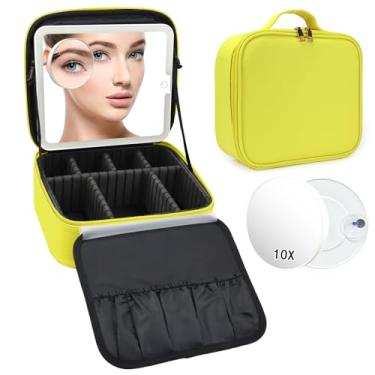 Imagem de SLUMAZI Bolsa de maquiagem com espelho de LED organizador de maquiagem para viagem com 3 configurações iluminadas, divisórias ajustáveis e armazenamento de pincéis de maquiagem, 9 - Amarelo, With 10x