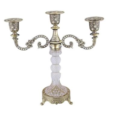 Imagem de WeiLaiKeQi Suporte de vela de 3 braços, suporte de vela romântico, candelabro para sala de estar, jantar, mesa de jantar, decoração de casa, Bronze