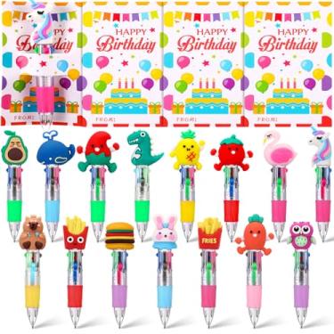 Imagem de AmazingSpark 30 conjuntos de presentes de festa de aniversário para estudantes, lindas canetas esferográficas multicoloridas com cartões de feliz aniversário, mini canetas 4 em 1 para bolsas de