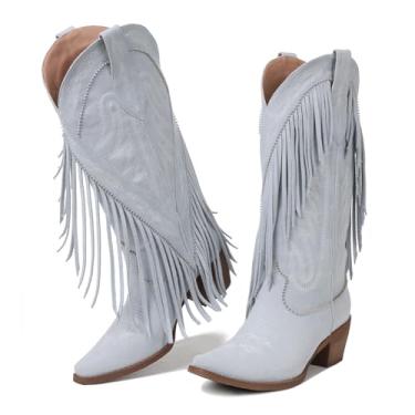 Imagem de Grakihily Botas de caubói para mulheres, retrô, bico fino, sem cadarço, salto grosso, borla, country para concerto, botas de panturrilha ocidental, cowgirl, Azul-celeste, 36
