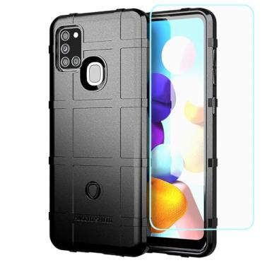 Imagem de EUAGVQY Capa para Galaxy A21s com película de vidro temperado TPU macio militar pesado amortecedor antiimpacto capa protetora para celular para Samsung Galaxy A21s (preto)