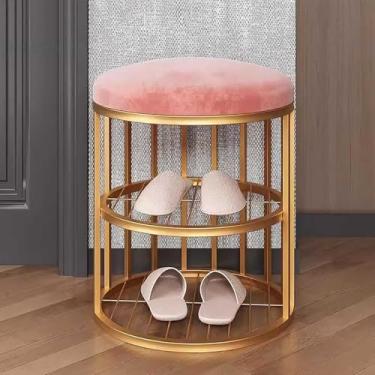 Imagem de Banquinho Para Sapatos | Mini Banco De Entrada | Banco Hall Com Armazenamento De Sapatos Para Espaço Pequeno | Banco Baixo Com Almofada | Moldura De Metal Dourado, Pink, Small