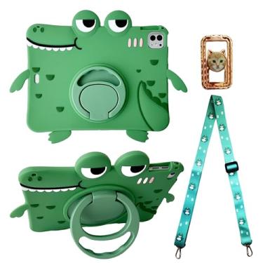 Imagem de Capa de dinossauro verde com alça para iPad Pro 11 polegadas/Air 5th 2022/Air 4th 2020 27.7 cm, 3D Kawaii Cute 360 Rotation Kickstand Dinosaur Kids Girls Boys Soft Silicone Case com suporte para gatos