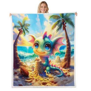Imagem de Cobertor infantil de dragão fofo, cobertor felpudo de coco tropical Havaí, verão, oceano, praia, estampa de animais ocidentais, para cama, sofá, azul, macio e respirável, tamanho da manta (127 x 152