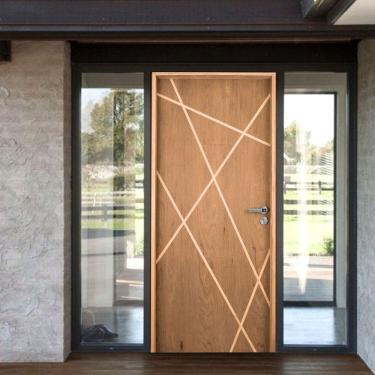 Imagem de Kit Porta de Madeira Frisada 210X102cm Batente 14cm Fechadura Digital Rodam Marrom