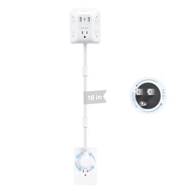 Imagem de TROND Cabo de extensão giratório de 360° – régua extensível de 45 cm, 5 tomadas CA e 3 USB, protetor 1440J, para sofás/mesas/mesas, branco