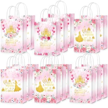 Imagem de TAKEALOOKO Once Upon a Time Bolsa de presente para meninas – 16 peças de sacolas florais rosa de princesas com alças, bolsa de papel de príncipes para festa de aniversário de meninas, lembrancinhas de